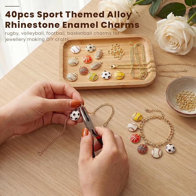 Sports Charms for Jewelry Making, Enamel Rhinestone Ball Game Football Soccer Charms with 40Pcs Jump Rings Pendants for Bracelet Necklace Earrings Making DIY Crafts Adults Gifts