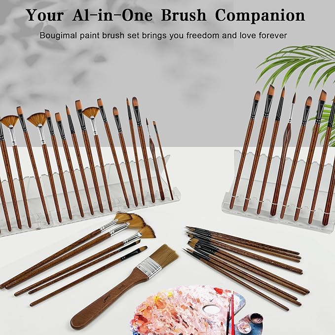 Bougimal 32 Pcs Paint Brush Set, Artist Paint Brushes for Acrylic Painting, Oil, Watercolor, Gouache, with Flat Round Filbert Fan Angle Detail Brush, Suitable for Artists and Beginners(Brown)