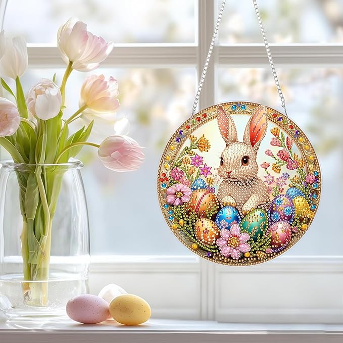 NAIMOER Easter Rabbit Egg Diamond Art Hanging Kits for Adults, 5D Special Shaped Rhinestone, DIY Spring Diamond Art Painting Window Pendants Home Garden Wall Hanging Ornament Kits, Double Sided