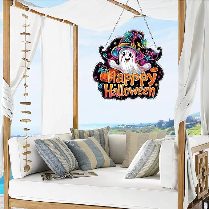 VAIIEYO Halloween Diamond Art Hanging Ornament, Ghost Diamond Painting Suncatchers Window Hanging Kit with Chain, 7.5x7.5 inch Crystal Pendant Art Craft for Gift Home Wall Front Door Decoration