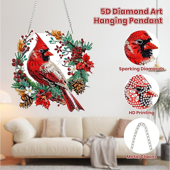 MOGTAA Christmas Cardinal Diamond Art Hanging Kits for Adults Kids, Christmas Landscape Diamond Art Suncatchers, 5D Special Shape Diamond Painting Window Pendant Kit for Home Garden Wall Decor