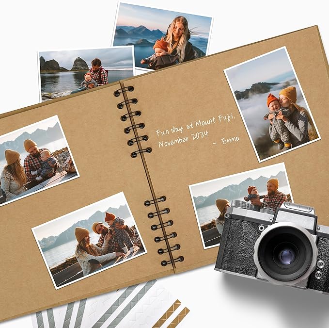 10×10 inch Scrapbook Photo Album DIY Picture Book 40 Pages, Thick Kraft Paper Scrap Book Album with Silk Ribbon Wedding Guest Book Memory Book for Baby, Family, Travel (Khaki)