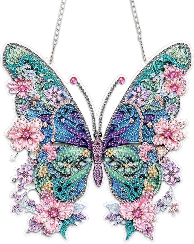 MEIYUDA Butterfly Diamond Painting Pendant Kits, DIY Butterfly and Flowers Diamond Art Window Hanging Ornament for Adults, 5D Special Shape Rhinestone Pendant for Home Decoration