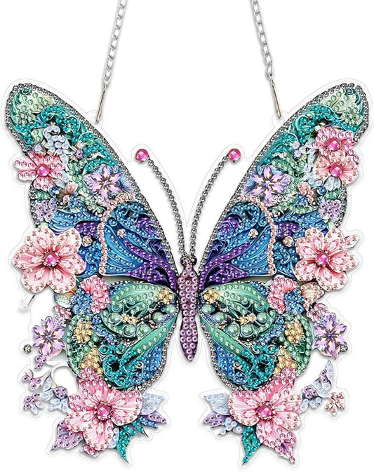 MEIYUDA Butterfly Diamond Painting Pendant Kits, DIY Butterfly and Flowers Diamond Art Window Hanging Ornament for Adults, 5D Special Shape Rhinestone Pendant for Home Decoration