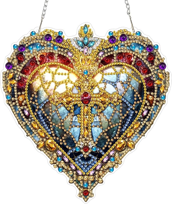 KEYIFA Diamond Painting Kit, DIY Heart Cross Diamond Art Hanging for Adults Beginner, Gem Arts Pendant Special Shaped Rhinestone Window Ornaments Wall Door Garden Decoration Gift, Double Sided