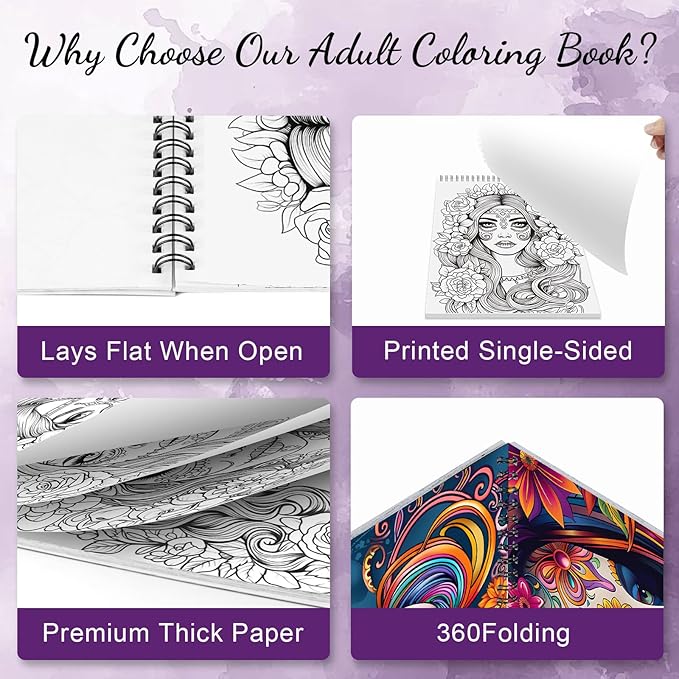 Sugar Skull Coloring Book for Adult Women Relaxation, Spiral Bound, Printed Single-Sided, Adult Coloring Book for Women with 24 Pages Arts and Crafts Sugar Skull Mindfulness Gift