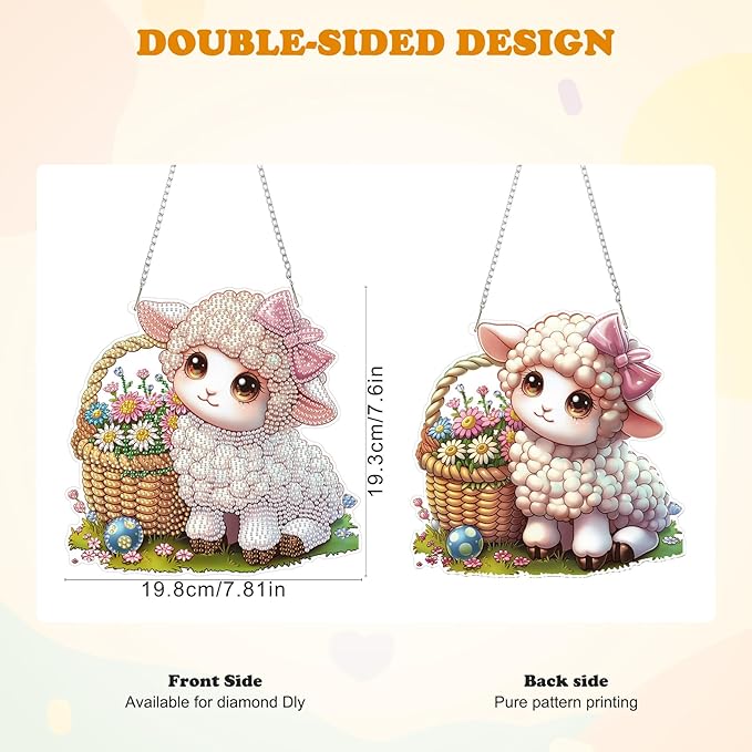 HEIBAGO Easter Lamb Diamond Art Hanging Kits for Adults, Diamond Art Suncatchers Sheep, 5D Special Shape Diamond Painting Pendant, DIY Window Ornament Gifts for Home Garden Door Wall Decor 8.3 x 8.3In