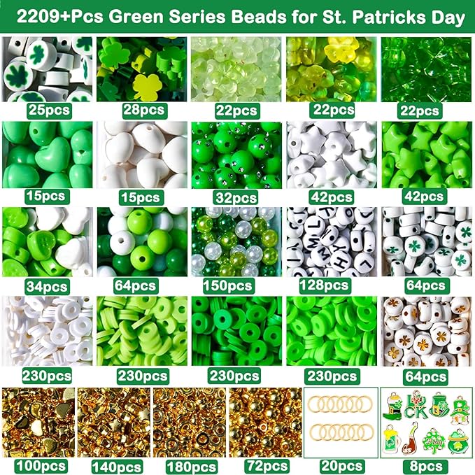 2200Pcs St. Patrick's Day Bracelets Beading Kit, Green Series Beads with Clover Charms, Shamrock Pendants, White & Green Round Beads for DIY Jewelry Making, Irish Festival Crafts, March 17 Party Decor