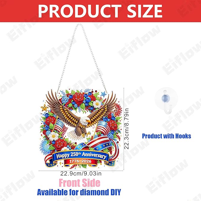 Eiflow 250 Years Anniversary Diamond Art Hanging Kit for Adults, DIY Patriotic Diamonds Painting Door Hanger Board Kit, Crystal Diamond Art Painting Pendant Ornament (Eagle)