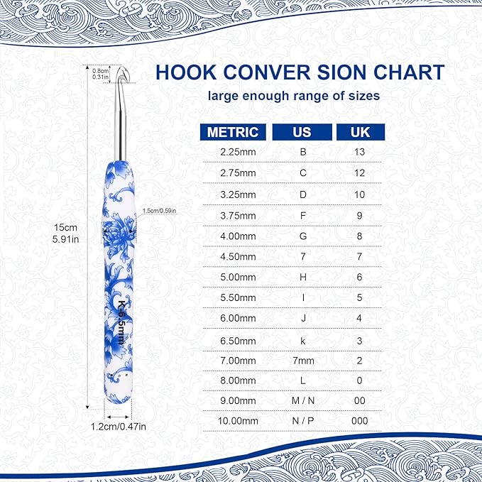 BCMRUN Crochet Hooks Set with Case 14 Size Blue and White Porcelain Pattern for Arthritis Hands, 2.25mm(B)-10mm(N) Crochet Needles for Beginners, Mothers Day Gift, Crochet Lovers (Azure)