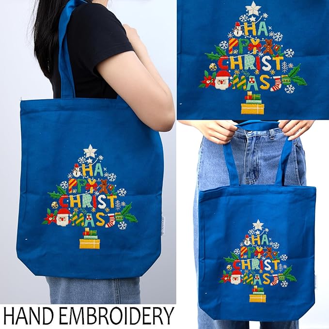 CREAWONDER Canvas Tote Bag Embroidery Kit with Pattern for Beginners, Arts and DIY Embroidery Crafts Kits for Adults, Include Instructions, Thimble, Embroidery Hoops, Color Threads and Tool