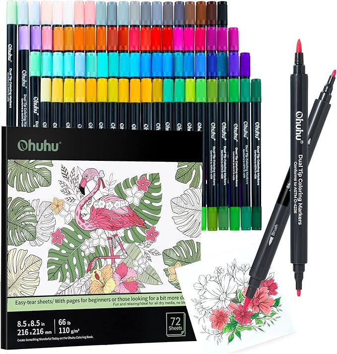 Ohuhu Markers Brush Tip 80-colors with 72-sheet Coloring Book - Double Tipped Markers for Adults Coloring Books - Art Marker Set Bundles with 100% Bleed-proof Pages - Fine & Brush Dual Tips