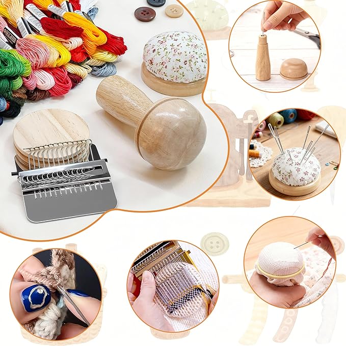 Mini Darning Loom,Mushroom Knit Patch Kit with 14 Hooks Small Weaving Loom 14 Pcs Large Eye Needles 50 Color Threads for Handcraft DIY Weaving Repair Tool Darning Kit for Beginners Mending Jeans Socks