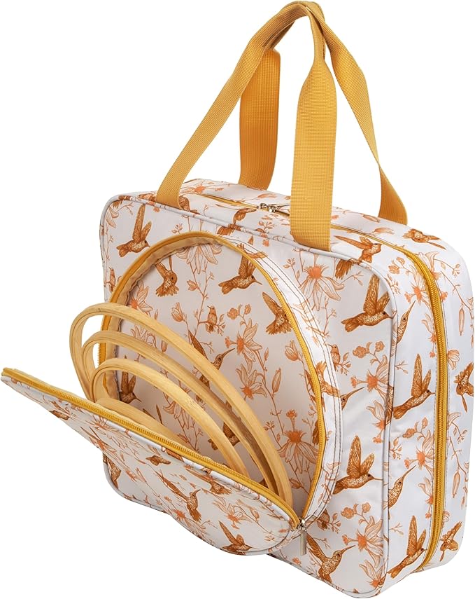 Portable Square Cross Stitch Starter Kits Bag Embroidery Project Bag Embroidery Tool Storage Tote Bag with Multifunctional Pockets, Bag Only (Bird Pattern)