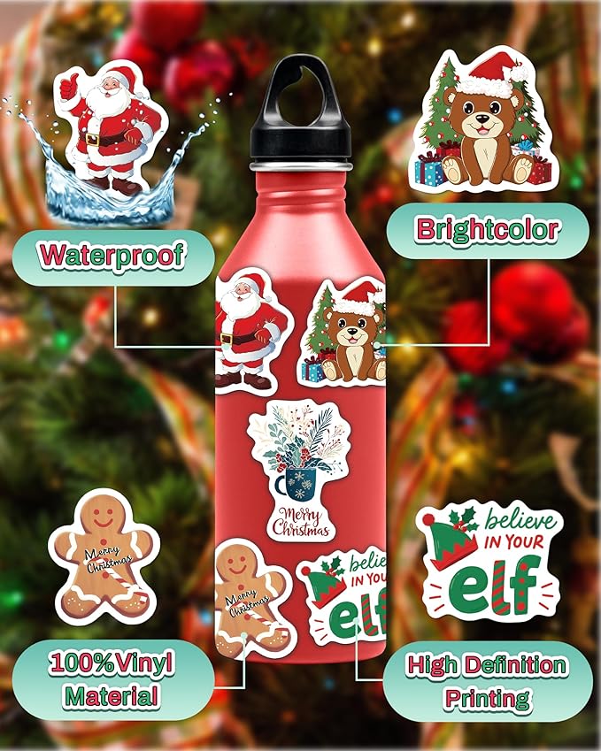 300 pcs christmas stickers for kids, christmas party favors stocking stuffers vinyl water bottles stickers crafts gifts for classroom students holiday sticker for kids teens adults