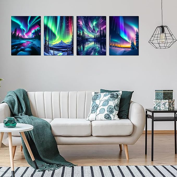 Muzagroo Art 5D Diamond Painting Kits for Adults, Aurora Diamond Art Kits for Beginners, DIY Landscape Diamond Dot Kits Gem Arts and Crafts for Living Room, Gem Painting Living Room 4 PCS Wall Art