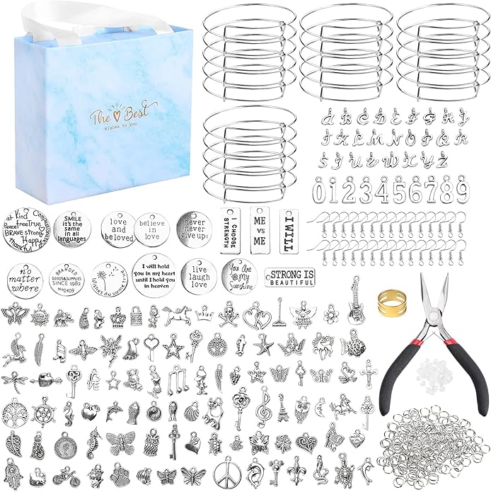 UPINS 544 Pcs Bracelet Earring Making Kit, Expandable Blank Bangles with Charms Tibetan Silver Pendants, Earring Hooks, Earring backs, Jump Rings and Pliers, Jewelry Gift for Girls DIY Craft