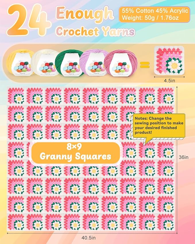 Coopay 3D Blanket Crochet Kit for Beginners, All-in-One Granny Square Blanket Kit with Step-by-Step Video & Enough Yarns - Master 3D Granny Square Crocheting Easily, Ideal Gift for Craft Lovers (Pink)