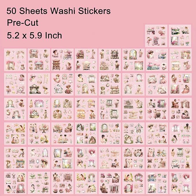 Garden Journaling Stickers, 50 Sheets Washi Junk Journal Sticker Book, Scrapbook Supplies, Watercolor Scrapbooking for Adults, Pink Decorative Ephemera Arts Craft