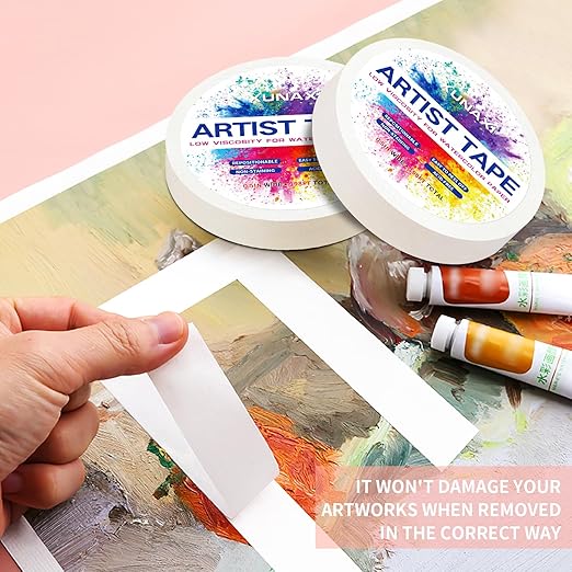 2 Packs Art Tape, Artist Tape for Watercolor Paper Low Tack White Painters Tape for Drafting Art Painting Canvas Framing Acid Free Masking Tape-0.5IN Wide 198FT Long Total