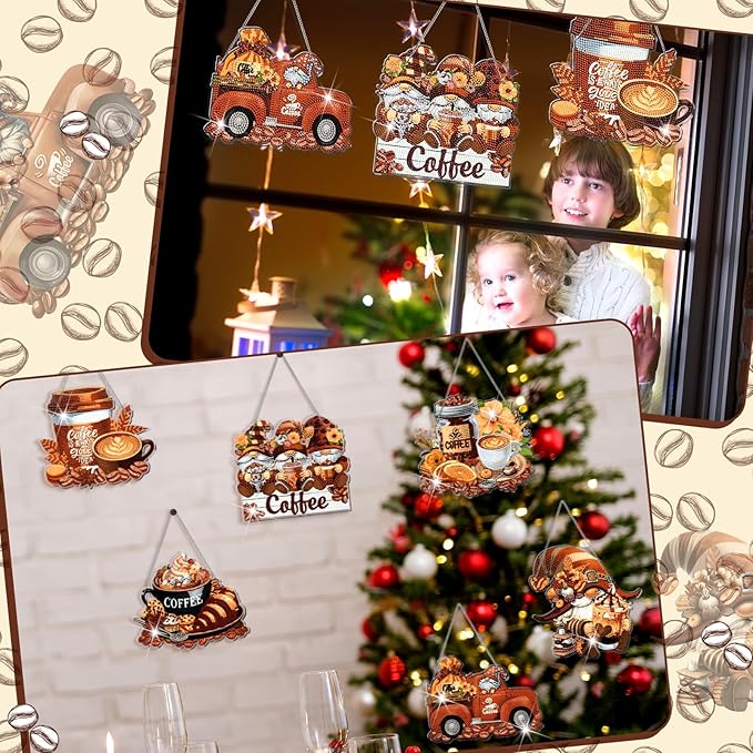Zonon 6 Pcs Coffee Diamond Painting Hanging Sign Set 5d Diamond Art Hanging Craft Kit DIY Pendant Ornaments Kits Crystal for Adults Gift Coffee House Wall Door Home Restaurant Bar Window Decor