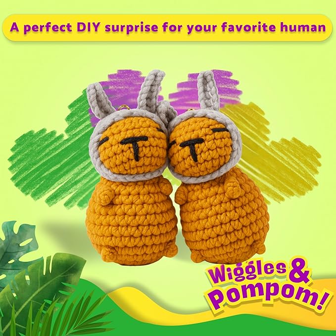 Berstuk Wiggles & Pompom – Hoppy Capybara Crochet Kit for Beginners – Easy Amigurumi Animal Kit with Yarn, Hook, Keychains & Video Tutorials – Cute DIY Gift for Adults & Teens