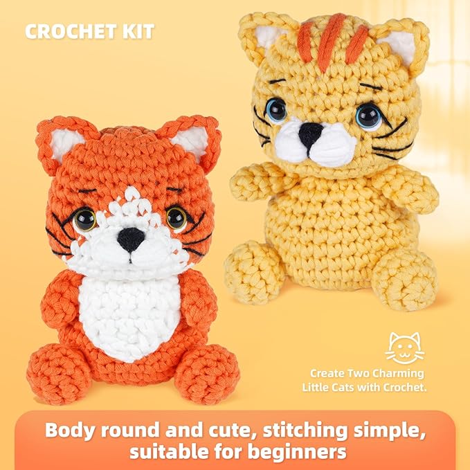MOREJMTT Crochet Kit for Beginners, Learn to Crochet, Include Easy Knitting Soft Yarn, Step-by-Step Video Tutorial, Hook, Holiday Birthday Gift Adults (2pack cat)