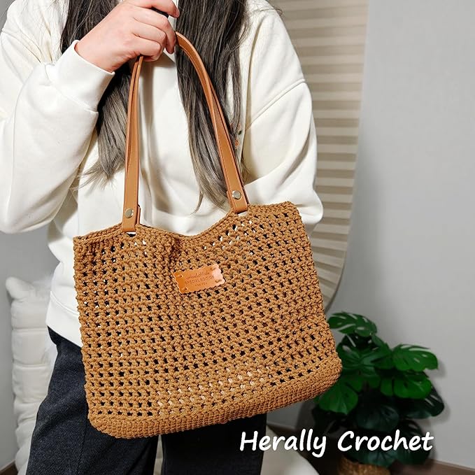 Herally Crochet Kit DIY Bag for Beginners - Include Yarn, Hook and Accessory - with Step by Step Video Tutorials - Crochet Tote Bag (Caramel)