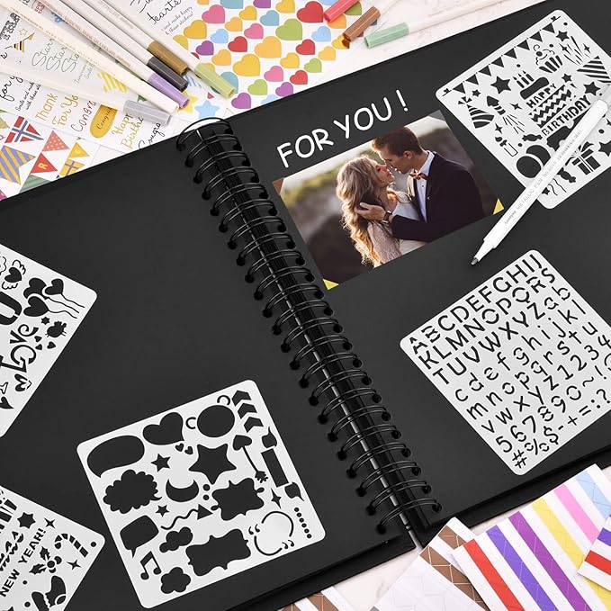 GOTIDEAL 12 x 12 Inch Scrapbook Album with 10 Metallic Markers,80 Pages Craft Paper Photo Album for Wedding and Anniversary, Family DIY Photo Album with Scrapbooking Stickers Corners(Black)