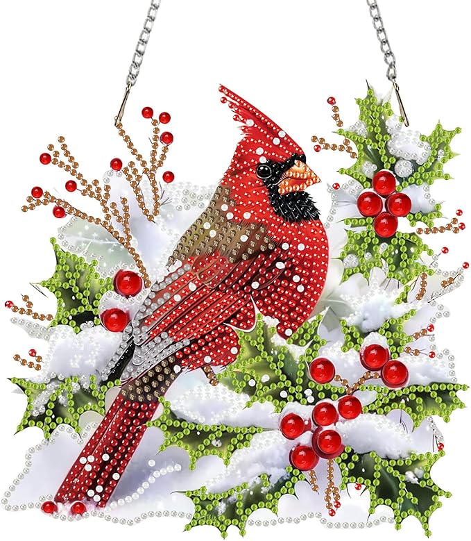SENQAO Christmas Diamond Art Hanging Kits for Adults, Christmas Snow Cardinal Diamond Art Suncatchers, 5D Special Shape Diamond Painting Pendant Window Ornament Gifts for Home Door Wall Decor