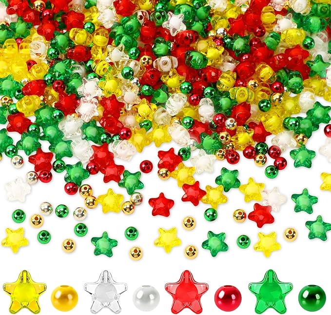 UPINS 1500Pcs Christmas Beads, Red Green Gold Silver Craft Beads Star Spacer for Xmas Holiday DIY Crafts and Necklace Bracelet Earring Supplies for Jewelry Making