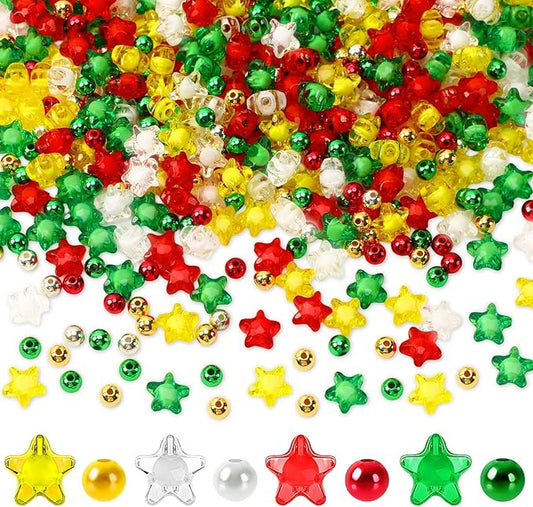 UPINS 1500Pcs Christmas Beads, Red Green Gold Silver Craft Beads Star Spacer for Xmas Holiday DIY Crafts and Necklace Bracelet Earring Supplies for Jewelry Making