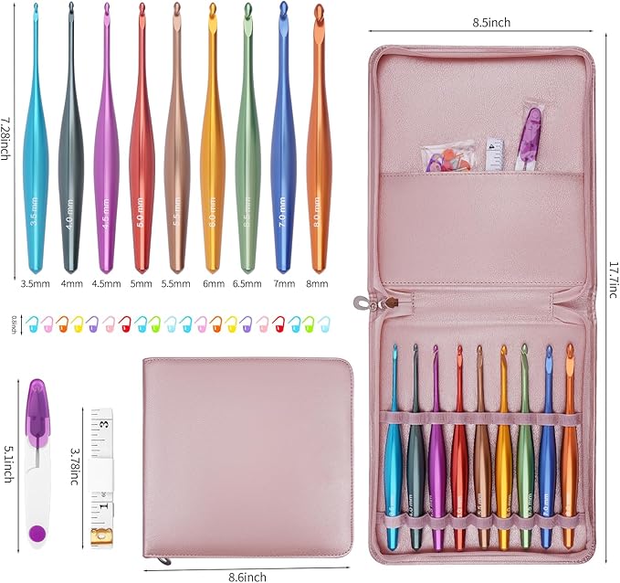 BsHooker Inline Crochet Hook Set Ergonomic Aluminum Crochet Hooks with Case Crochet Set for Arthritic Hands,Crcohet Gift for Beginner(3.5mm-8mm)