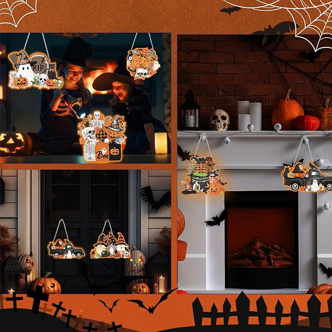 6 Pcs Halloween Diamond Art Painting Kits Hanging Sign Set Witch Pumpkin Gnome Glow in The Dark Diamond Art Painting Kits Halloween Hanger Adult 5d DIY Craft for Wall Door Window Porch Decor