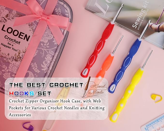 LOOEN 64Pcs Crochet Hook Set, 9 Pcs Ergonomic Rubbery Handle Hooks 2.0MM-6MM and 9 pcs Multicolor Aluminum Crochet Hooks 2.0MM-8.0MM, Crochet Hook Kits with Case, Knitting & Crochet Supplies(A - Grey)