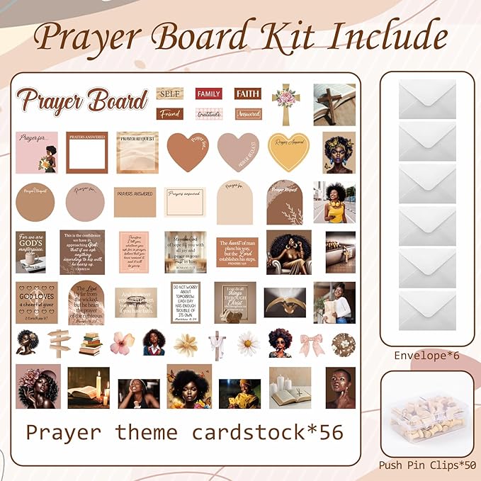 Black Women Prayer Board Kit - Vemfare 162 Pcs Prayer Board Stickers Supplies with Pins Envelope Bible Verse Quotes Cards, Motivational Scrapbook Stickers, Bible Study Supplies (Not Including Board)