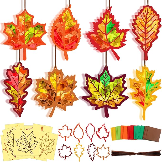Motipuns 32 Sets Thanksgiving Day Maple Leaf Suncatchers Craft Kits DIY Fall Leaf Tissue Paper Crafts Stained Glass Effect Tissue Paper Kit for Autumn Halloween Window Art