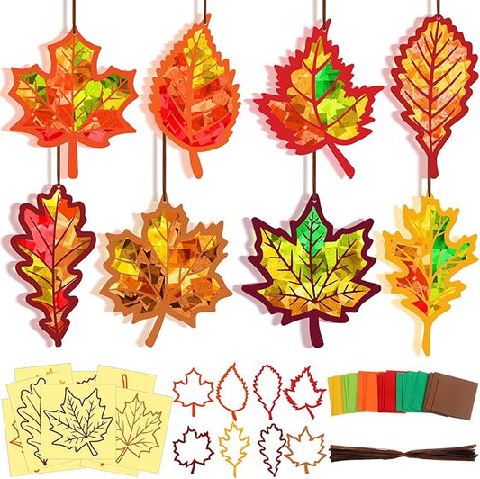 Motipuns 32 Sets Thanksgiving Day Maple Leaf Suncatchers Craft Kits DIY Fall Leaf Tissue Paper Crafts Stained Glass Effect Tissue Paper Kit for Autumn Halloween Window Art