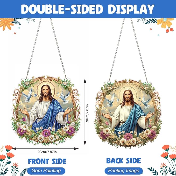 NAIMOER Diamond Art Hanging Kits for Adults Jesus 5D Special Shaped Rhinestone, DIY Acrylic Diamond Art Painting Window Pendants Home Garden Wall Hanging Ornament Kits, Double Sided