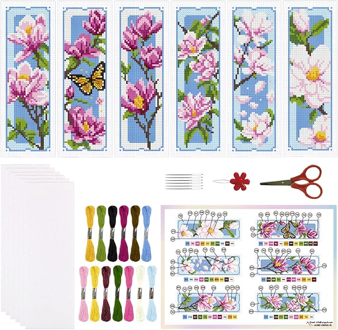ORIGACH 6 Set Magnolia Cross Stitch Bookmark Kits for Beginner, Flowers Stamped Cross Stitch Kits with Instructions for Adults Bookmarks Lovers