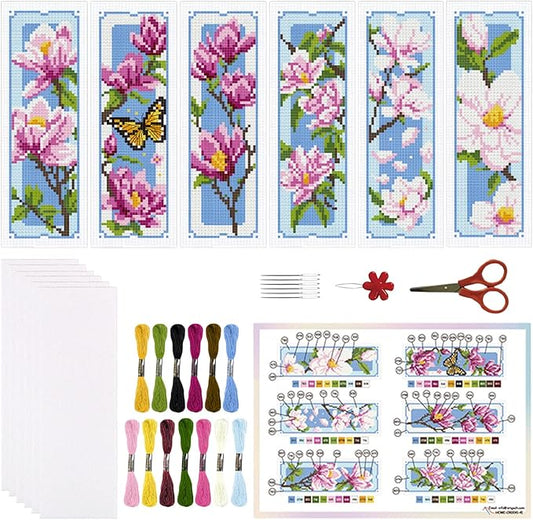 ORIGACH 6 Set Magnolia Cross Stitch Bookmark Kits for Beginner, Flowers Stamped Cross Stitch Kits with Instructions for Adults Bookmarks Lovers