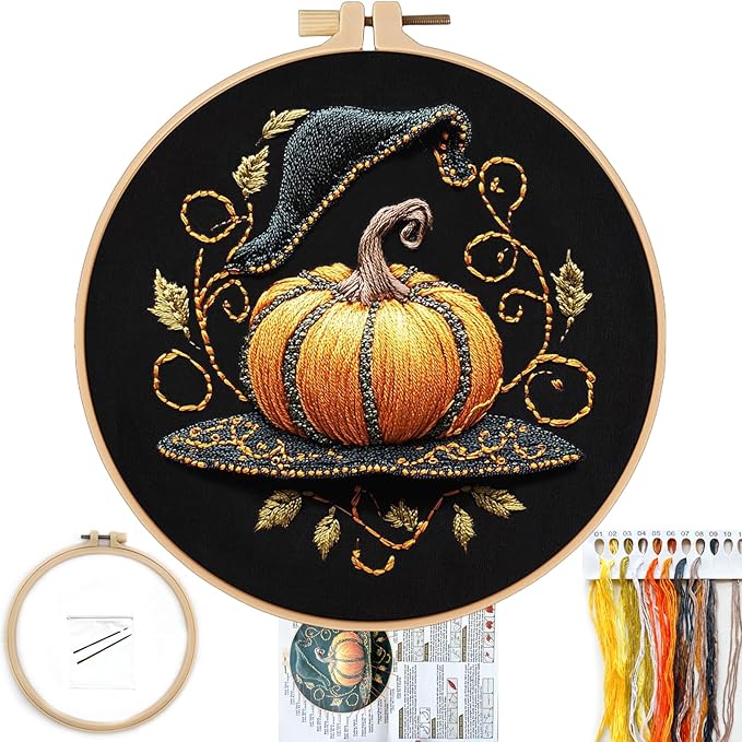 FONNUY Pumpkin Embroidery Kit for Beginners, Pre-Stamped Pattern Kits for Adults with Hoop, Easy to Follow Color Thread Needlework, 8'' Hoop (Witch Hat 2)