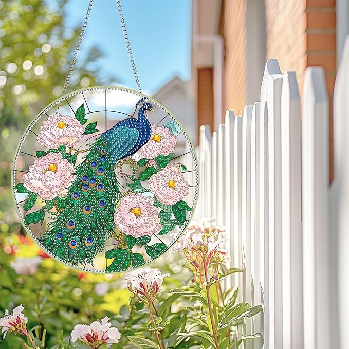 Wergund 5D DIY Peacock Diamond Art Hanging Kits, Hanging Diamond Art Bird, Acrylic Special Shaped Rhinestone, Window Hanging Pendants for Home Wall Garden Front Door Outdoor Decor Gift(Peacock)