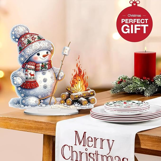 Christmas DIY Diamond Desktop Ornament, Double Sided Special Shaped Diamonds Art Kits, 5D Tabletop Ornaments for Adult Beginner Home Office Decor Crafts Gift (Snowman 01)