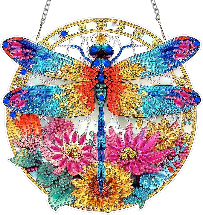 AIRDEA Hanging Diamond Painting Kits Dragonfly,Special Shaped Diamond Art Kits for Beginner Flowers Gem Art Pendant Decor,7.87x7.59in