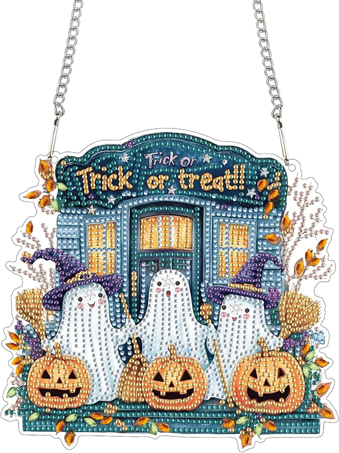 Bimkole Trick or Treat Ghost Diamond Art Hanging Kit, DIY 5D Diamond Art Halloween Window Pendant, Acrylic Crystal Art Hanging Ornament Home Wall Garden Front Door Sign Outdoor Decor 7.8x7.8 Inch