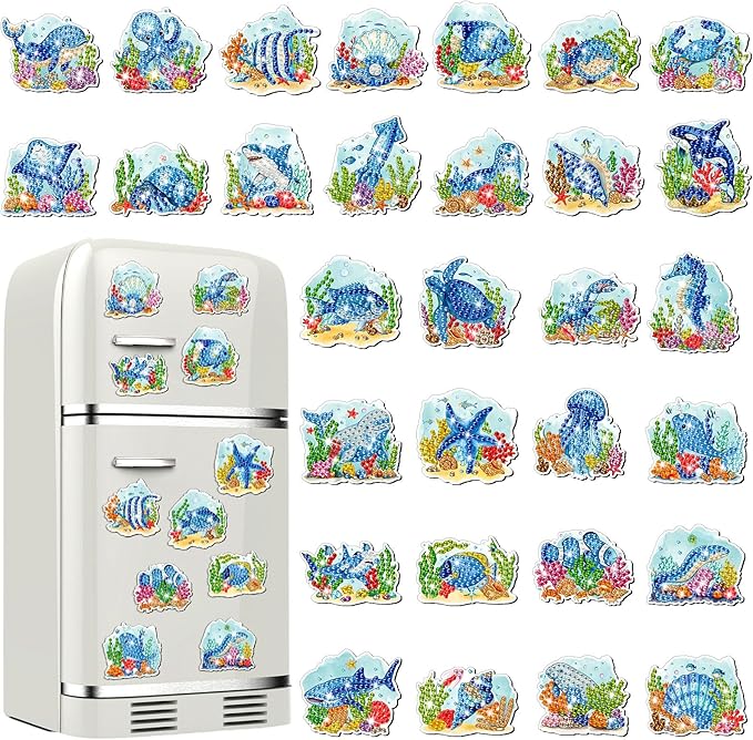 Xuhal 30 Pcs Summer Diamond Painting Magnets Ocean Animal Diamond Art Magnet Kits for Adults 5D Rhinestone Beach Under The Sea Animal Refrigerator Magnetic Sticker for DIY Craft Fridge Ocean Gifts