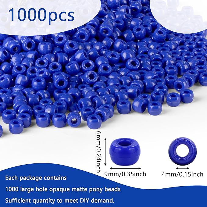 Blue Pony Beads 1000Pcs 9mm Pony Beads Bulk Blue Beads for Friendship Bracelets Kandi Beads Hair Beads for Braids Beads for Crafts