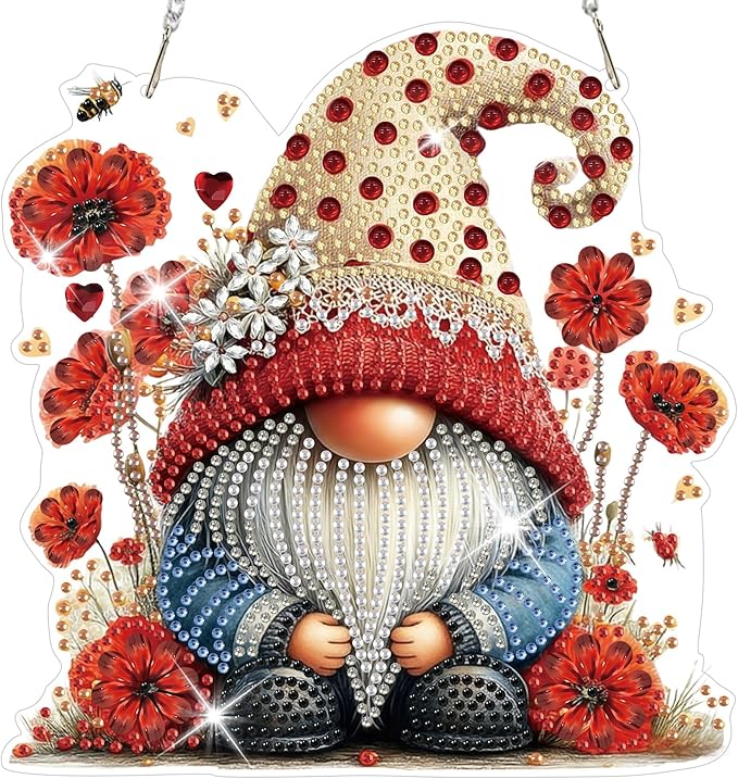 HEIBAGO Gnome Diamond Art Hanging Kits for Adults, Diamond Art Suncatchers Bee, 5D Special Shape Diamond Painting Pendant, DIY Window Ornament Gifts for Home Garden Door Wall Decor 8.3 x 8.3 Inch