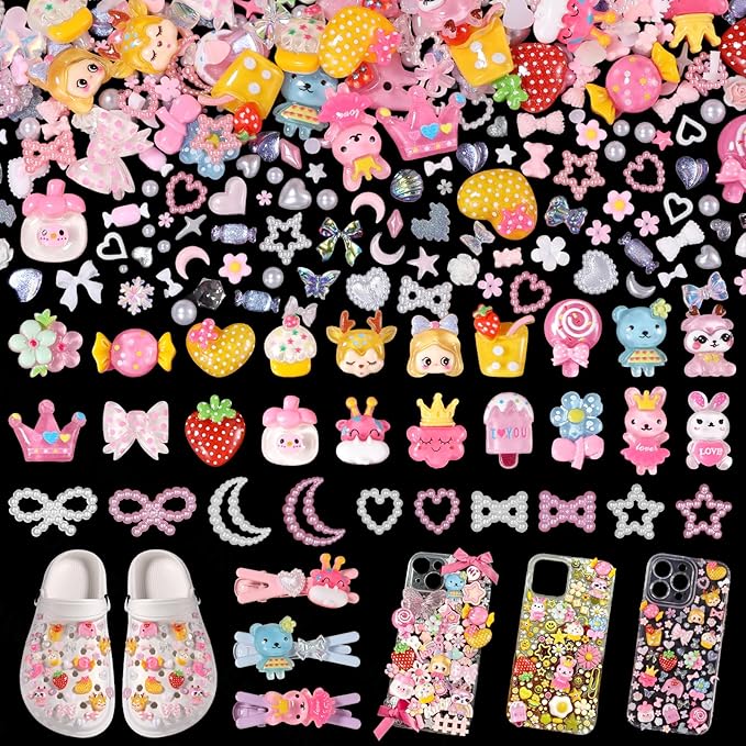 Junk Case Charms Kit, Junk Phone Case Charm, Flatback Cartoon Animal Lollipop Candy Strawberry Flower Cute Slime Charms for DIY Crafts, Scrapbooking, Jewelry Making-S5
